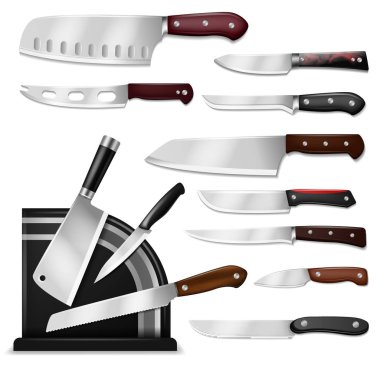 Şef ile mutfak drawknife veya satır ve keskin yarasıyla illüstrasyon izole beyaz arka plan üzerinde kesme bıçakları vektör kasap et bıçak seti
