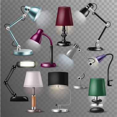 Masa lambası vektör desklamp ve elektrik aydınlatma dekorasyon ofis veya otel illüstrasyon küme üzerinde şeffaf arka plan izole ampul ile relectricity ekipman için gerçekçi okuma lambası
