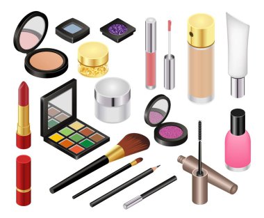 Kozmetik vektör Güzellik Makyaj Vakfı toz ya da göz farı illüstrasyon dizi makyajcısı aksesuarları izometrik beyaz arka plan üzerinde izole güzel kadın için kozmetik ruj makyaj