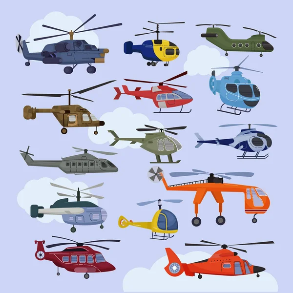 Hubschrauber-Vektor-Hubschrauber Flugzeug Jet oder Rotor-Flugzeug und Hubschrauber-Flug Transport in Himmel Illustration Luftfahrt-Set von Flugzeugen und Luftfrachter Fracht mit Propeller isoliert auf dem Hintergrund — Stockvektor