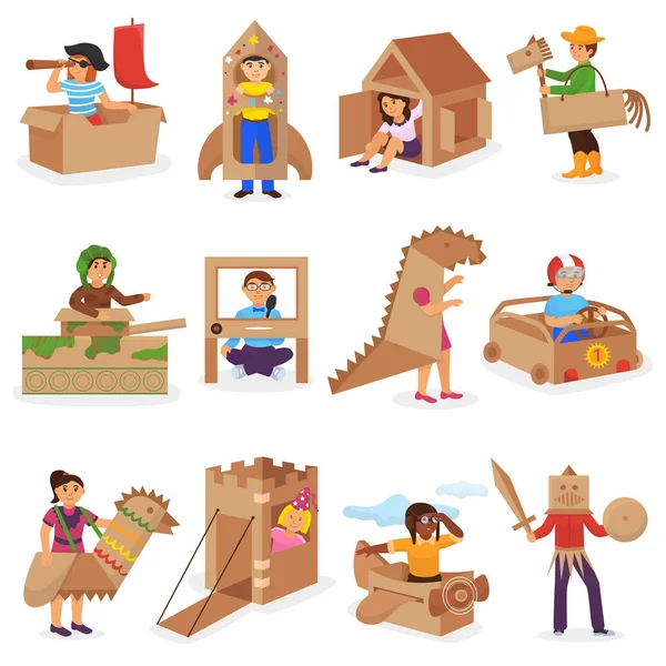 Kids in box vector creative children character playing in boxed house and boy or girl in carton plane or paper ship illustration set of childish package creativity isolated on white background — Stock Vector