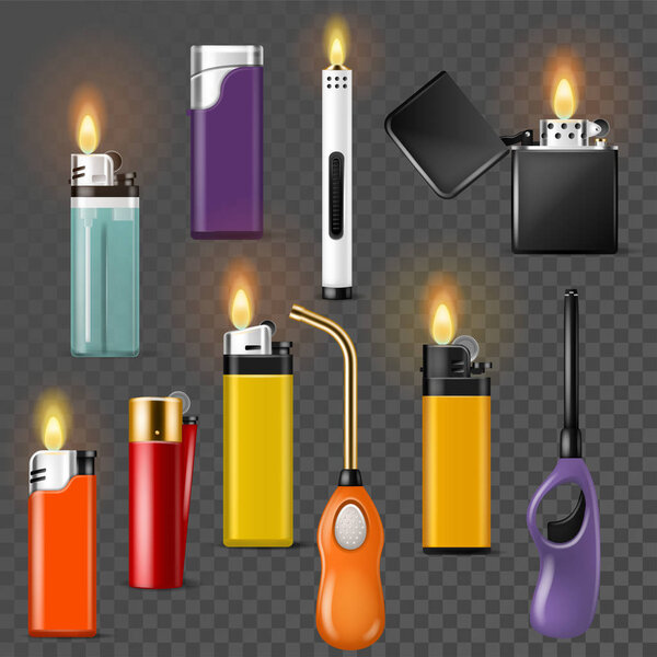 Lighter vector cigarette-lighter with fire or flame light to burn cigarette illustration set of flammable smoking equipment isolated on transparent background