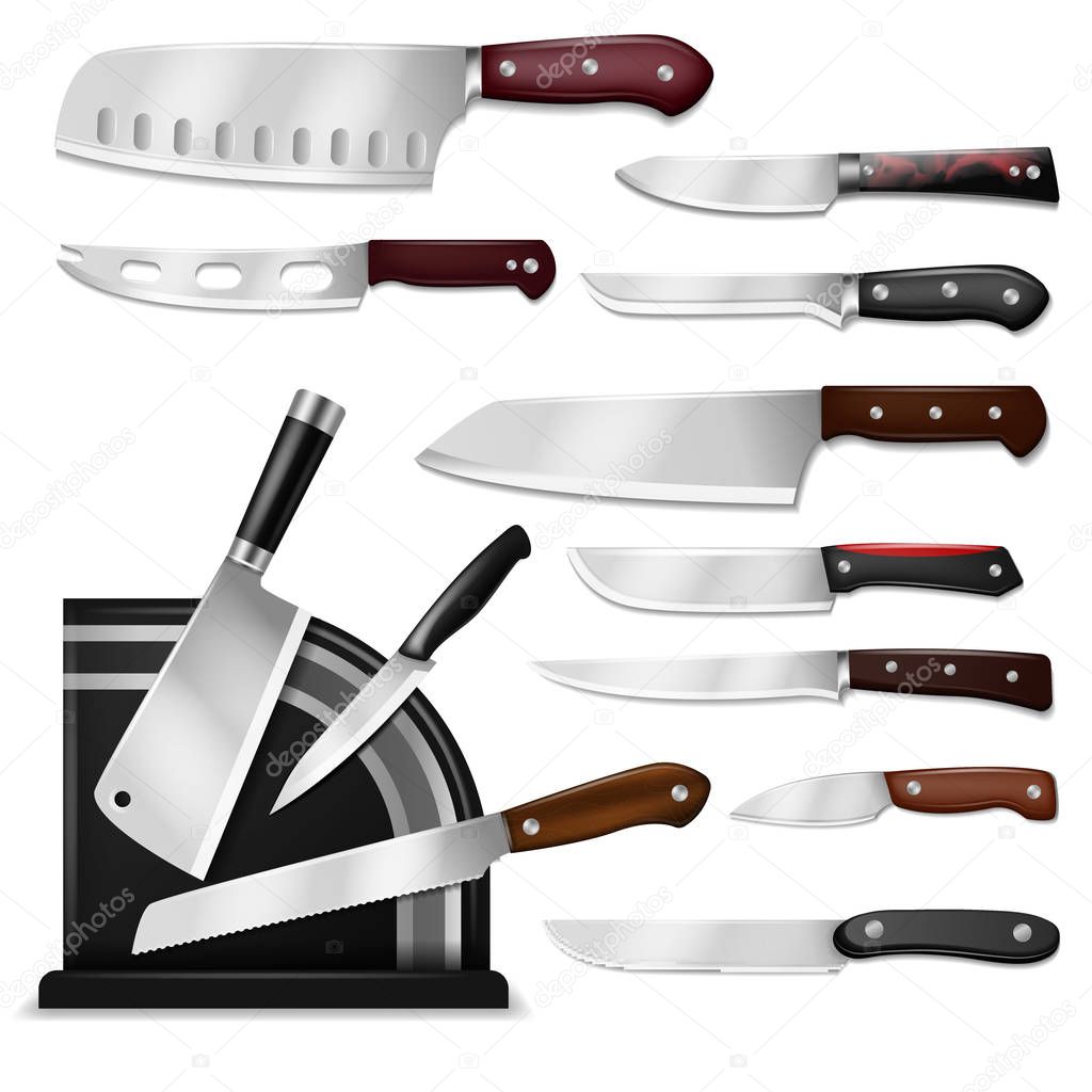 Knives vector butcher meat knife set chef cutting with kitchen drawknife or cleaver and sharp knifepoint illustration isolated on white background