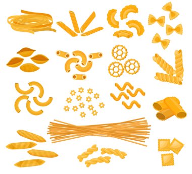 Makarna ve spagetti ve macaronic maddeler İtalyan mutfağı resimde dizi beyaz arka plan üzerinde izole İtalya geleneksel gıda yemek makarna vektör