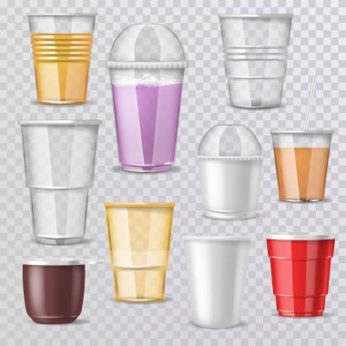 Plastik cam vektör boş plastik bardak veya boş kahve fincanı mockup tek kullanımlık içecekler kaba resimde gerçekçi kümesi üzerinde şeffaf arka plan izole içecekler paket marka için