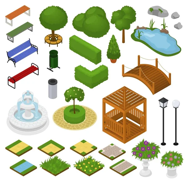 Parque vector parque con árboles de jardín verde hierba y fuente o estanque en la ciudad ilustración conjunto de camino isométrico en paisaje urbano o paisaje aislado sobre fondo blanco — Vector de stock