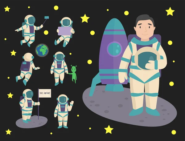 Vetor astronautas no espaço, personagem de trabalho e se divertindo astronautas galáxia atmosfera sistema fantasia viajante homem . —  Vetores de Stock