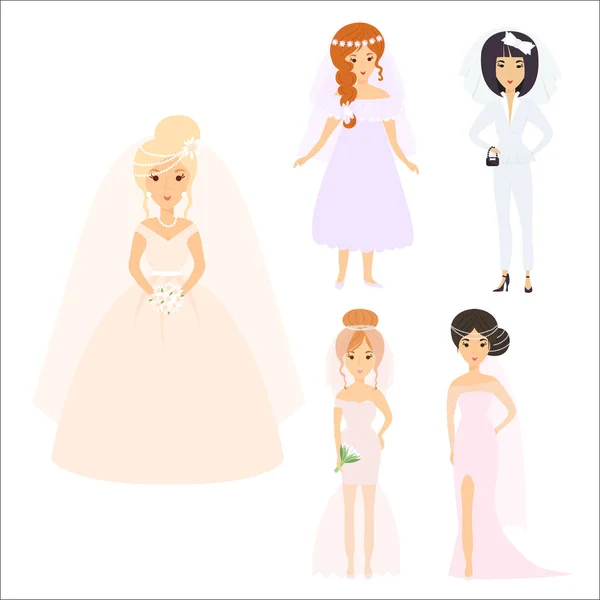 Hochzeit Bräute Charaktere Vektor Illustration Feier Ehe Mode Frau Cartoon Mädchen weiße Zeremonie Kleid — Stockvektor