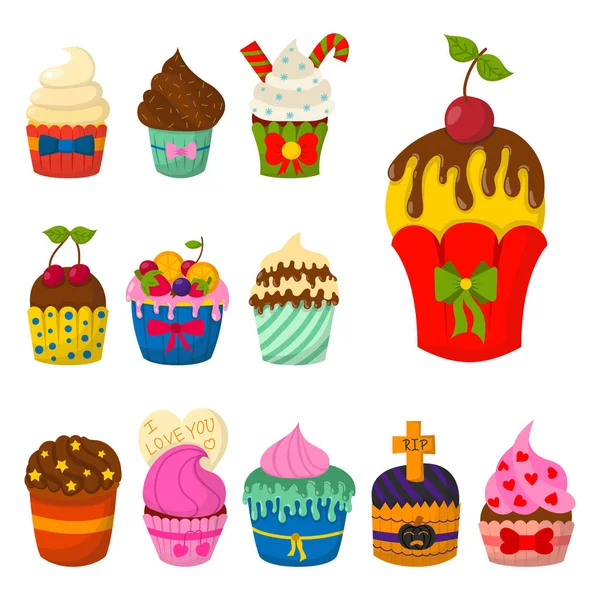 Conjunto de cupcakes vetor bonito e muffins celebração de chocolate aniversário comida doce padaria festa bonito polvilha decoração . — Vetor de Stock