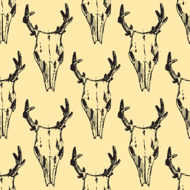 Stil kafatasları yüzler Dikişsiz desen arka plan vektör illüstrasyon halloween korku tarzı dövme anatomi sanat.