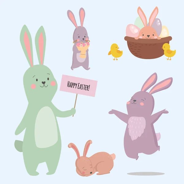Pascua conejo carácter conejito diferente pose vector lindo animal feliz conjunto ilustración . — Vector de stock