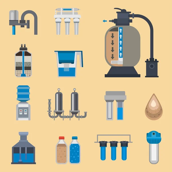 Icono de purificación de agua grifo fresco reciclaje bomba tratamiento de aguas residuales colección vector ilustración . — Archivo Imágenes Vectoriales