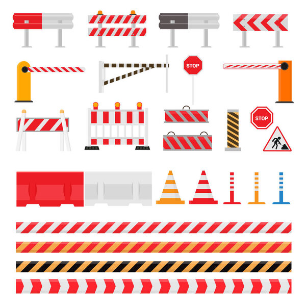 Road barrier vector street traffic-barrier warning and barricade blocks on highway illustration set of roadblock detour and blocked roadwork barrier isolated on white background