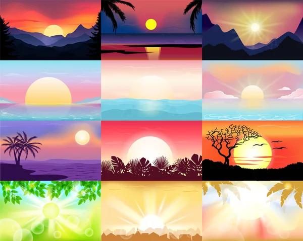Coucher de soleil vecteur lever de soleil avec des palmiers hawaïens ou silhouette de montagne sur toile de fond illustration ensemble de fond de lumière du soleil tropical et fond d'écran littoral ensoleillé d'été — Image vectorielle