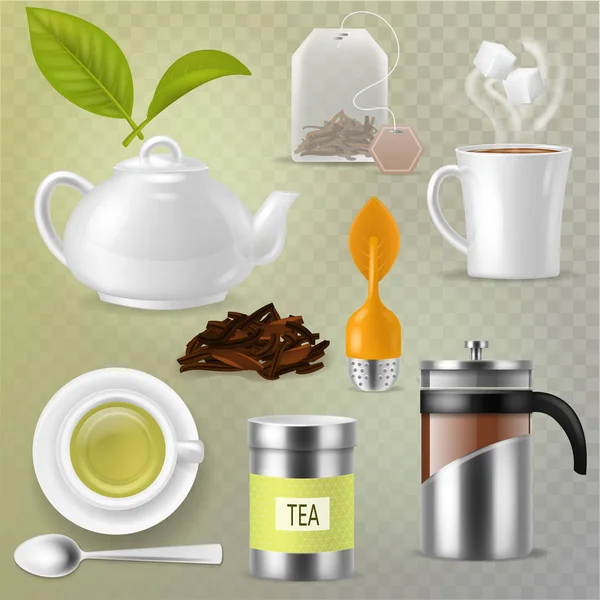 Tee-Vektor trinken Kräutergetränk mit trockenen Blättern in Teetasse und Teekanne oder Französisch Presson Teatime Illustration Set von Tasse oder Tasse und Tee Caddy isoliert auf transparentem Hintergrund — Stockvektor