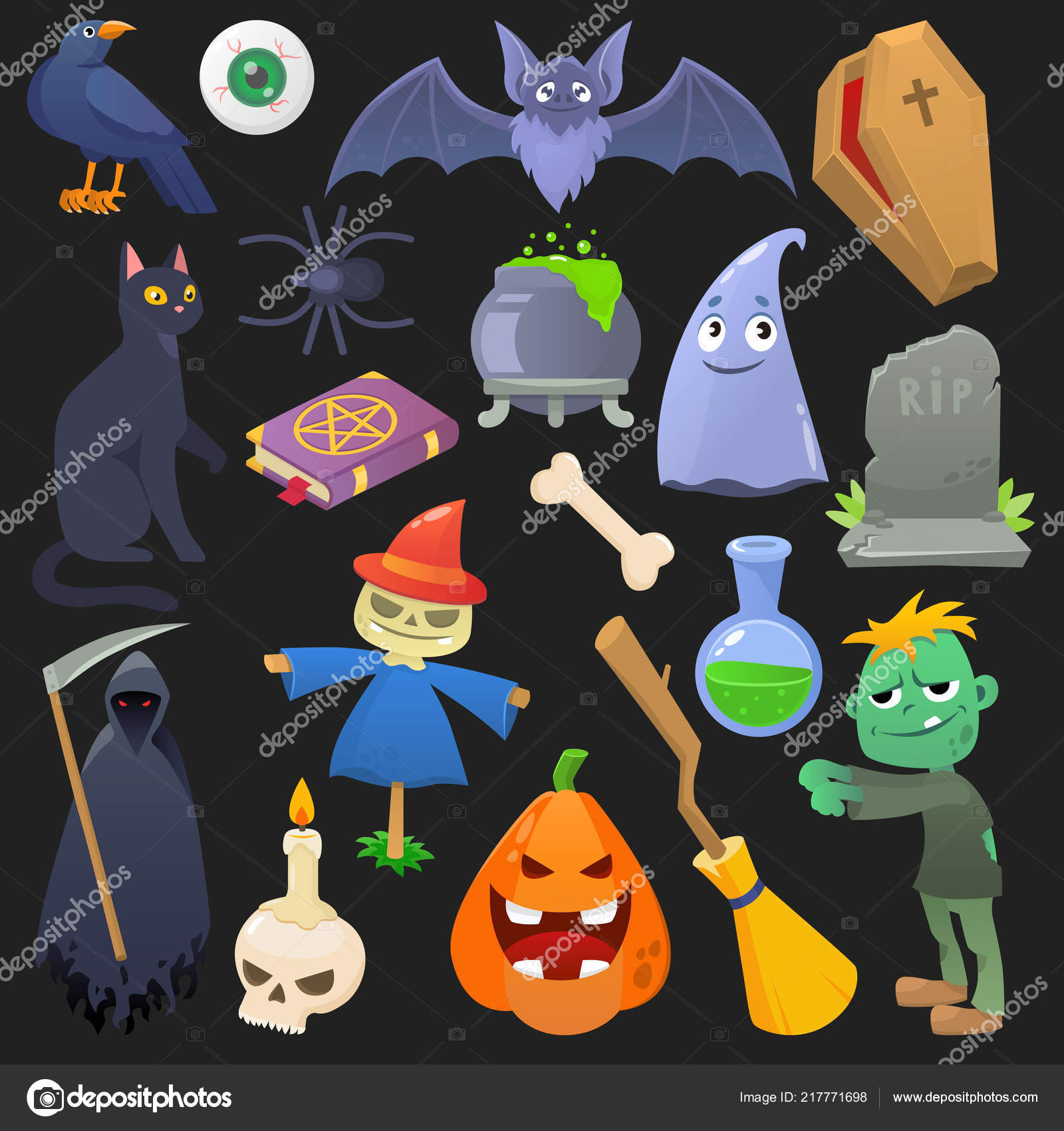 Halloween vector spooky pumpkin scary ghost cat or horror zombie  illustration set of cartoon spider skull and bat isolated on black  background Stock Vector Image by © #217771698
