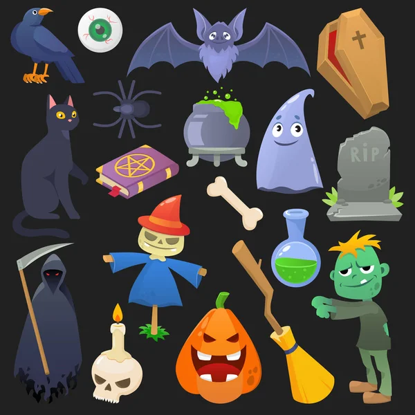 Halloween vector espeluznante calabaza espeluznante fantasma gato o horror zombie ilustración conjunto de dibujos animados araña cráneo y murciélago aislado sobre fondo negro — Vector de stock