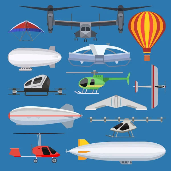 Avion vecteur drone jet et dirigeable hélicoptère et avion vol transport dans le ciel illustration aviation ensemble d'avions quadrocopter et copter isolé sur fond — Image vectorielle