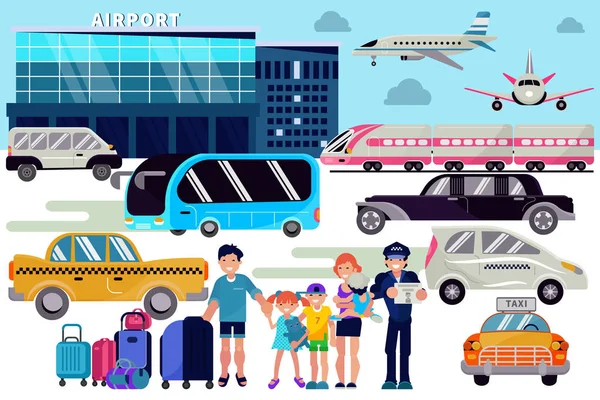 Reptéri transzfer vektor utazó ember karakterek család poggyász repülőterek repülőgép indulási terminál szállítás taxi autó ábrán sor utasok szállítására busz a háttérben — Stock Vector