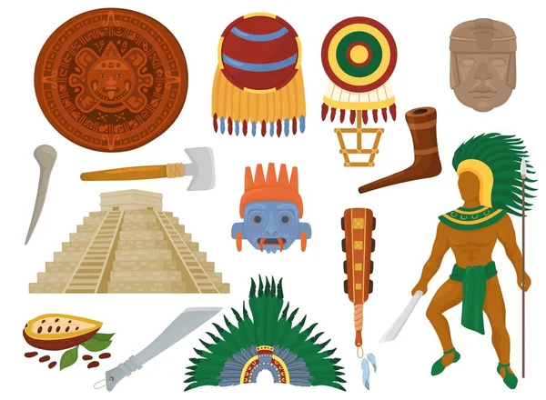 伝統的な民族ピラミッドと白い背景で隔離の儀式の装飾記号のマヤ文明イラスト セットのメキシコ、マヤの男キャラクターでアステカ ベクトル メキシコ古代文化 — ストックベクタ