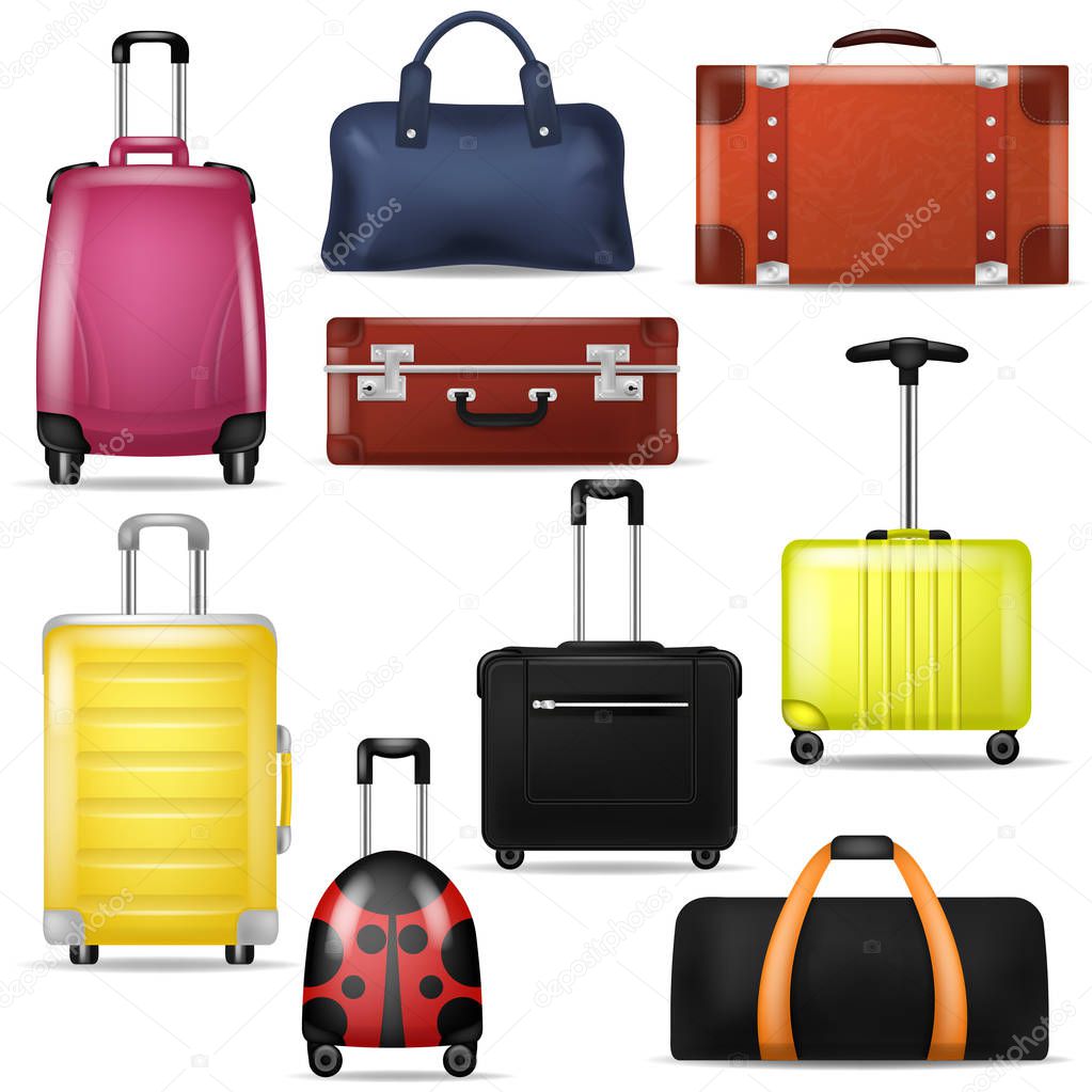 Travel bag vector realistic luggage suitcase for journey vacation tourism illustration set of trip baggage and tour adventure case or handbag for tourist isolated on white background
