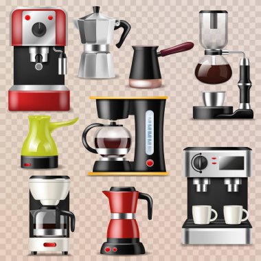 Kahve makinesi vektör kahve makinesi ve kahve-makinesi espresso café illüstrasyon küme profesyonel ekipman üzerinde şeffaf arka plan izole kapuçino içecek yapma kafein içkiyle için