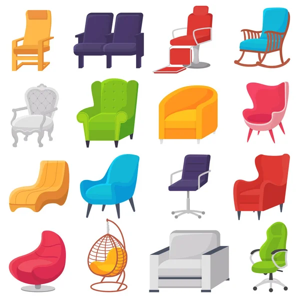 Szék vektor kényelmes bútorok fotel és modern ülés design, bútorozott lakás belső ábrán sor üzleti szék vagy fotelek elszigetelt fehér background — Stock Vector