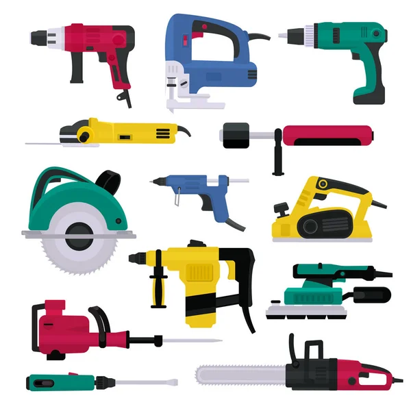 Power tools vector electrical drill and electric construction equipment power-planer grinder and circular-saw illustration machinery set of screwdriver in toolbox isolated on white background — Stock Vector
