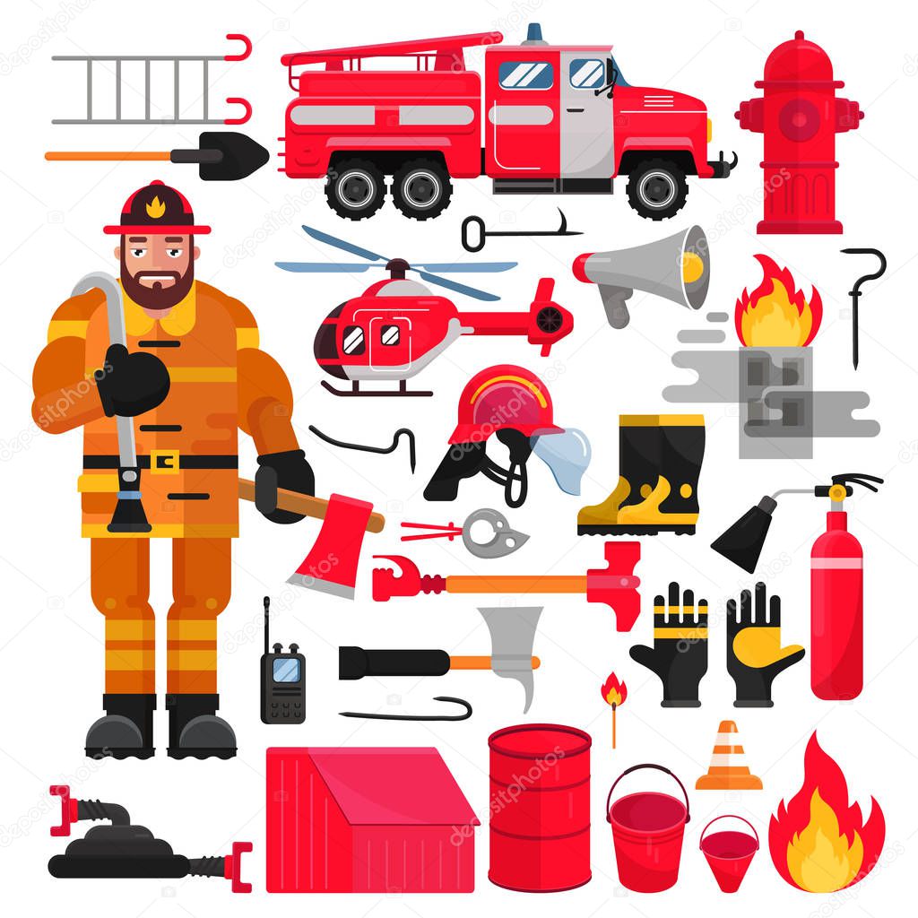 Firefighter vector firefighting equipment firehose hydrant and fire extinguisher illustration firefighting set of firemans uniform with helmet and fire-engine helicoptor isolated on white background