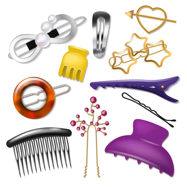 Accessori per capelli hairpin vettoriale o hair-slide e hair-clip ponytailer per acconciatura femminile illustrazione moda realistico set di accessori per parrucchiere o parrucchiere isolato su sfondo bianco — Vettoriale Stock