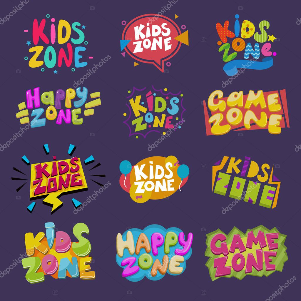 Game room vector kids playroom banner in cartoon style for children happy play zone decoration illustration set of childish lettering label for kindergarten decor isolated on background.