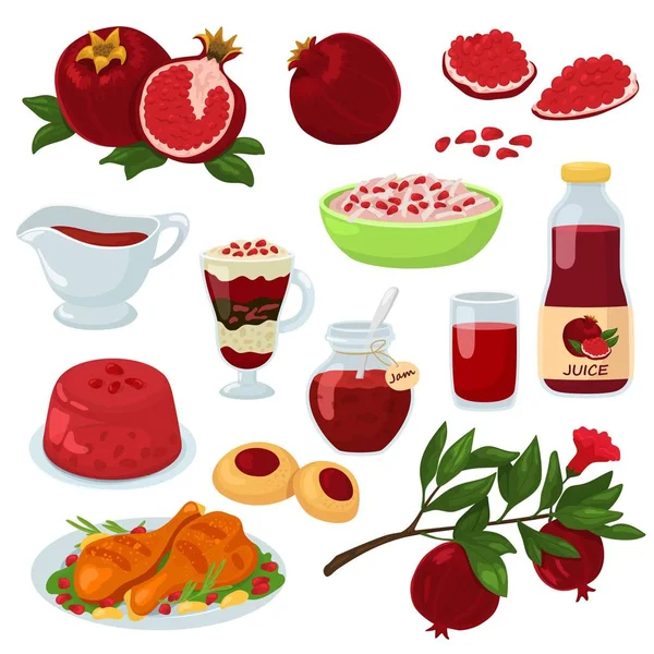 Ρόδι διάνυσμα υγιεινά τρόφιμα κόκκινο ώριμα φρούτα γρανάτης και φρέσκο χυμό φρουτώδες ζελέ μαρμελάδα εικονογράφηση σύνολο από φυσικό βιολογικό επιδόρπιο για πρωινό που απομονώνονται σε λευκό φόντο — Διανυσματικό Αρχείο