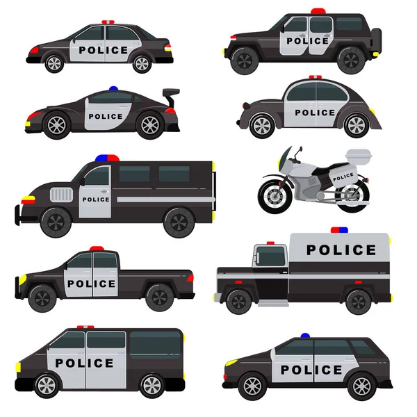 Поліцейський автомобіль вектор екстреної політики автомобіль вантажівка і автомобільний патруль і поліцейські мотоциклетний ілюстративний набір поліцейських транспорт і поліцейська служба авто ізольовані на білому тлі — стоковий вектор