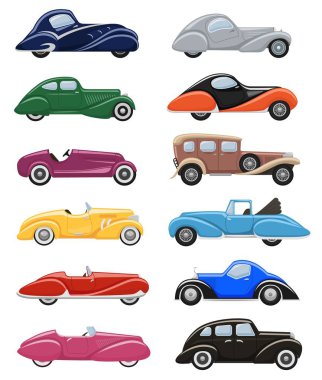 Art deco araba vektör retro lüks oto taşıma ve art-deco modern otomobil illüstrasyon kümesi eski Otomotiv araç izole CITYCAR beyaz arka plan üzerinde