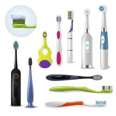Toothbrushe vektör teethwith diş macunu illüstrasyon diş hekimliği seti beyaz arka plan üzerinde izole gerçekçi fırça aracının fırçalama için dişlerle ilgili sağlık bilgisi diş fırçası