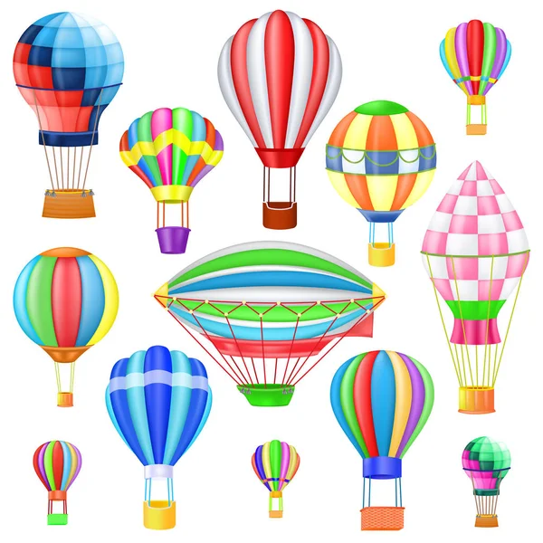 Aria palloncino vettore fumetto aria-palloncino o aerostat con cesto volare in cielo e palloncino avventura volo illustrazione set di palloncino viaggiare giocattolo volante isolato su sfondo bianco — Vettoriale Stock