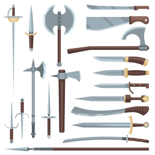 Espada vetor medieval antiga arma de cavaleiro com lâmina afiada e piratas faca ilustração broadsword conjunto de aço velho armas guerreiro isolado no fundo branco — Vetor de Stock