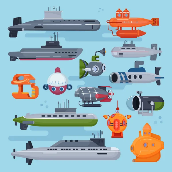 Submarino vector mar pigboat o marino velero submarino y transporte de barcos en el océano profundo ilustración náutica conjunto de barco de transporte marítimo con transporte submarino periscop aislado en el fondo — Vector de stock