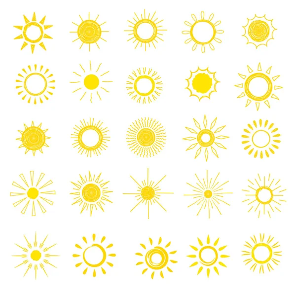 Vecteur solaire icône ensoleillée avec lumière jaune du soleil et lumière du soleil chaleur conception graphique illustration ensemble de soleil éclatant signe météo coucher de soleil ou lever du soleil isolé sur fond blanc — Image vectorielle