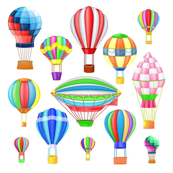 空気バルーン ベクトル漫画、熱気球や空と白い背景に分離されたバルーンが設定された旅行飛行玩具の熱気球冒険飛行イラスト セットを飛んでバスケット エアロスタット — ストックベクタ