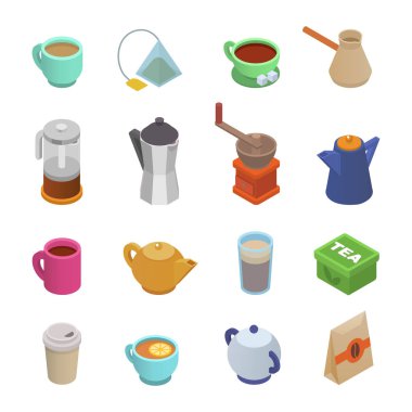 Kahve fincanı çay fincanı simge izometrik coffeecup vektör ve espresso içecekler kahve değirmeni ve Fransız basın beyaz arka plan üzerinde izole coffeebreake için coffeeshop illüstrasyon kümesindeki kupa
