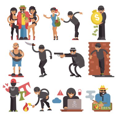 Suçlular vektör hırsız veya hırsız karakter kümesinin suç insanlar illüstrasyon suçluluk haydut hırsız ve beyaz arka plan üzerinde izole silahla para soymaktan hacker