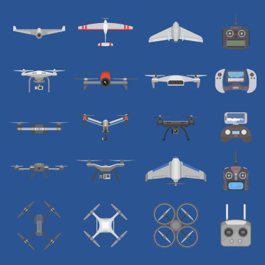 Drone vektör quadcopter teknoloji ve hava helikopter uzaktan kumanda uçuş sinek casus robot helikopter üzerinde arka izole quadrocopter pervane ile dijital fotoğraf makinesi şekil kümesiyle