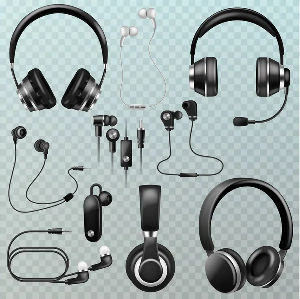 Kopfhörer Vektor-Headset und Kopfhörer Stereo-Technologie und Audio-DJ-Ausrüstung Illustration Set von realistischen Kopfbedeckungen digitales Gadget, um Musik isoliert auf transparentem Hintergrund zu hören — Stockvektor
