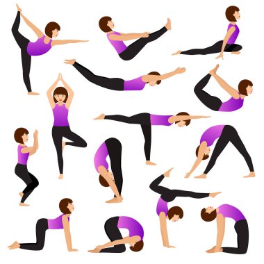 Kadın vektör genç kadınlar yogi karakter esnek Eğitim Yoga egzersiz poz illüstrasyon izole kadın sağlıklı kız yaşam tarzı egzersiz meditasyon denge gevşeme ile kümesi beyaz arka plan üzerinde