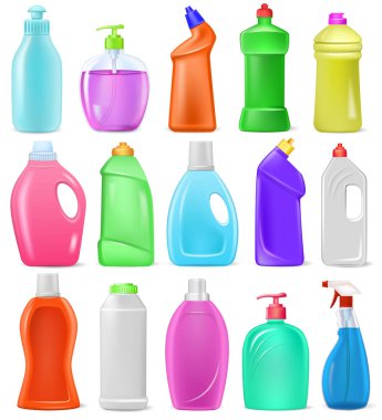 Deterjan şişesi vektör karikatür plastik boş konteyner detergency sıvı ve mockup ev temiz ürün Çamaşırhane Temizleme resimde kümesi için deterge beyaz arka plan üzerinde izole paketi