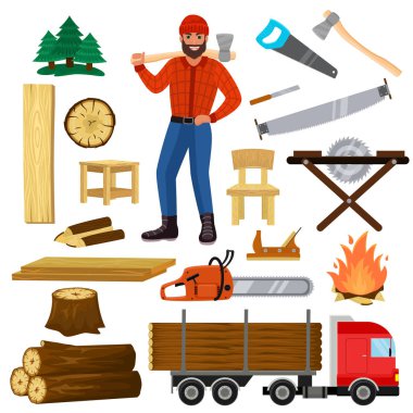 Timber vector lumberman character and logger saws lumber or hardwood set of wooden timbered materials in sawmill and lumberjack man isolated on white background clipart