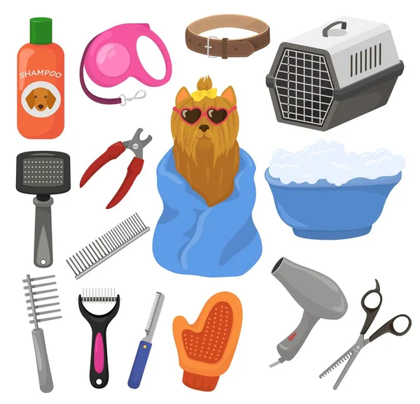 Vetor de higiene animal de estimação acessório cão ou animais ferramentas escova secador de cabelo no salão de groomer ilustração conjunto de cachorro cachorrinho higiene cuidados equipamentos isolados no fundo branco —  Vetores de Stock