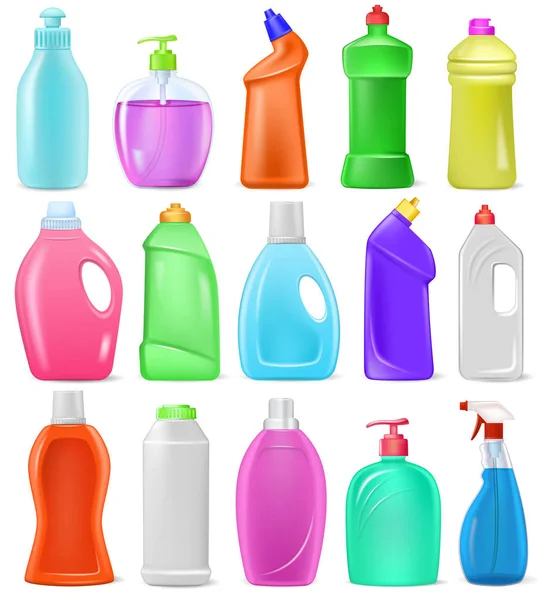 Bottiglia detergente vettore cartone animato contenitore in plastica bianco con liquido detergente e mockup prodotto detergente per la casa per la lavanderia illustrazione set di detersivo detergente pacchetto isolato su sfondo bianco — Vettoriale Stock