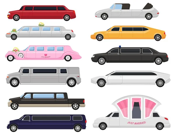 Limuzin vektor limuzinja: luxus autó és retro auto szállítás és jármű autó illusztráció készlet autóipari citycar közlekedési elszigetelt fehér háttér illusztráció — Stock Vector